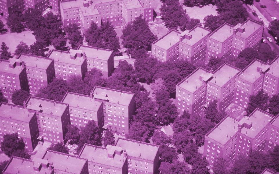 Aerial view of apartment housing in NYC borough.