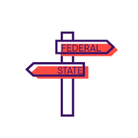 Animation of a flipping directional signs reading Federal and State.