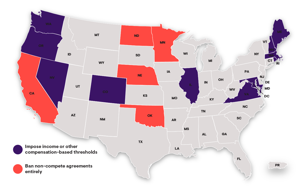 USA map with states highlighted in amethyst and coral