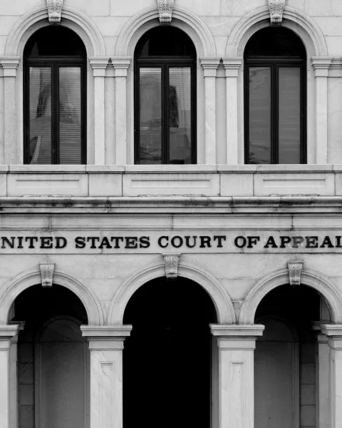 The front of the Fourth Circuit Court of Appeals in Virginia.