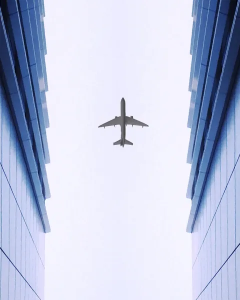 A view of a jetliner flying overhead from the ground up.