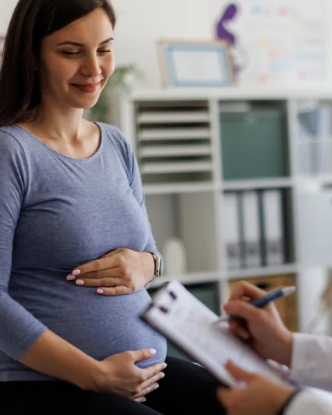hot of a female doctor going over paperwork with a pregnant patient.