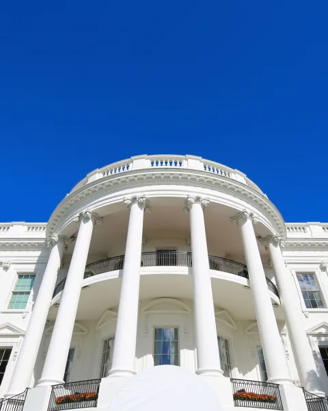 Up-view of the back of the White House's South Portico.