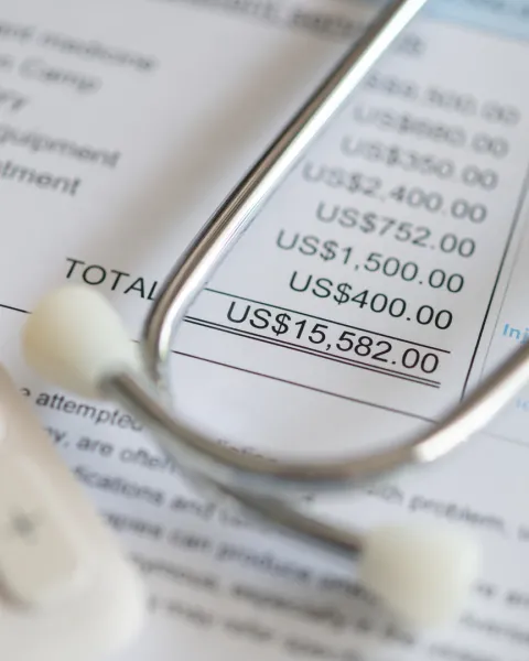 Medical treatment expense on bill statement with calculator and stethoscope.