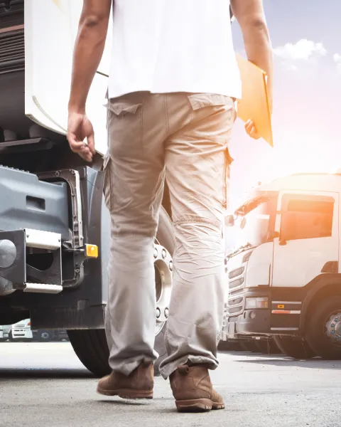 Close-up of the legs of a truck driver holding a clipboard walking among a fleet of big rigs.