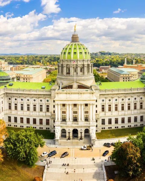Aerial view of Pennsylvania State Capitol, in Harrisburg on a sunny day.