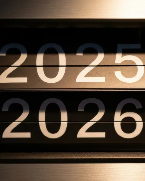 Mechanical flip clock in the process of turning from the year 2025 to 2026.