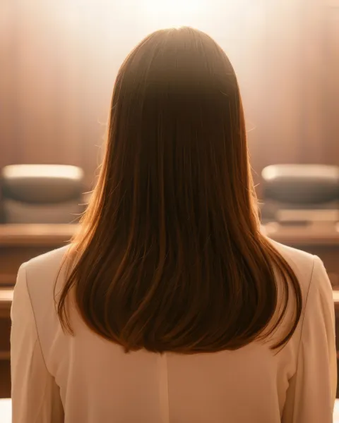 Back view of a woman sitting in a courtroom, facing a judge's bench under warm lighting.