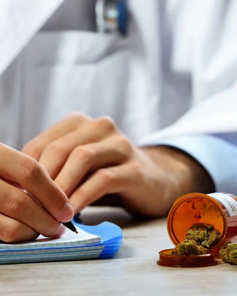 Close-up of a doctor writing on a prescription pad with a prescription bottle and medical cannabis on the table.