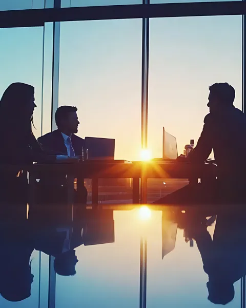 Three people, in silhouette, in a business meeting.