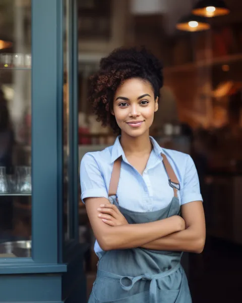 Confident, Black, small business owner standing at her cafe entrance.