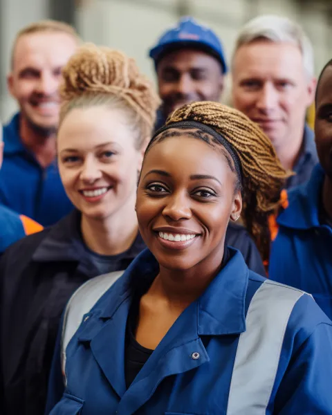 Diverse group of industrial workers smiling and standing together in a factory.