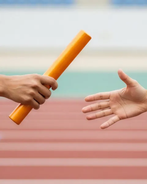 Close-up of a relay race baton exchange on a track between two athletes.