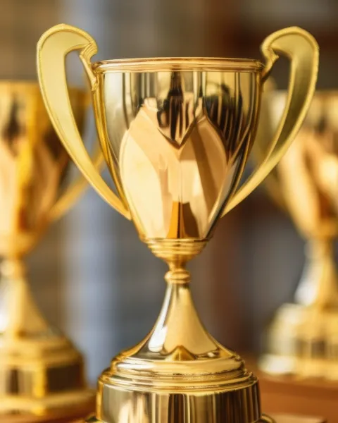 A close-up of a grouping of multiple gold trophies.