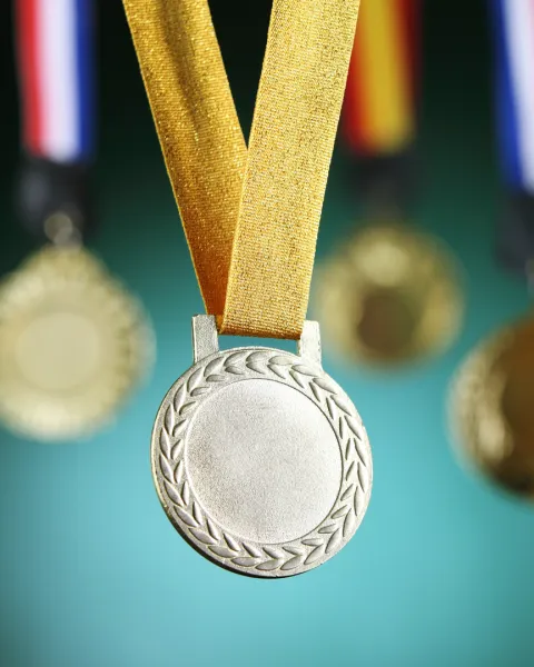 A collection of award medals hanging from ribbons.