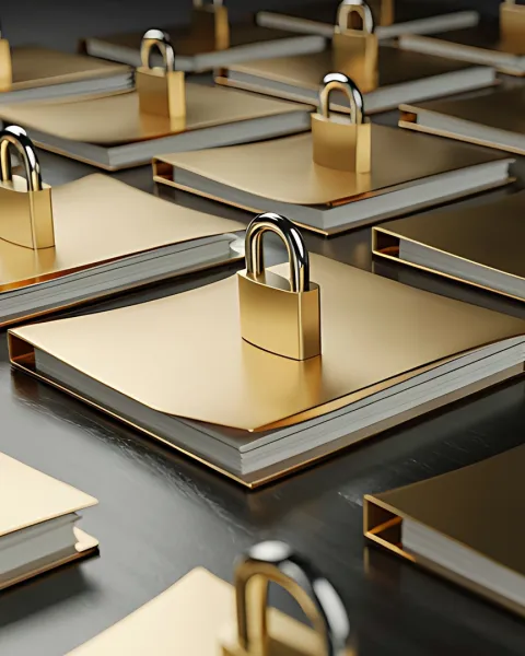 Multiple gold books with padlocks on a dark surface.