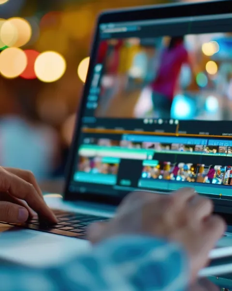 Creative influencer editing a video on laptop for digital storytelling and content production.