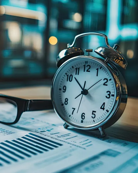 A silver alarm clock on a desk with eyeglasses and a phone, with a graph paper in the background.