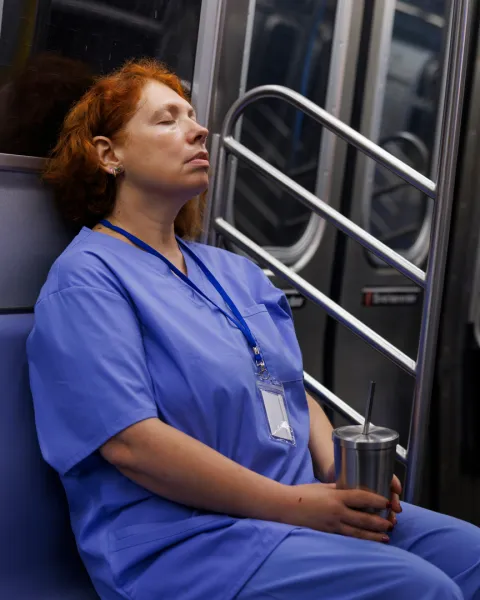 Resting her eyes during the evening commute, a middle-aged nurse in scrubs sits on a subway train.
