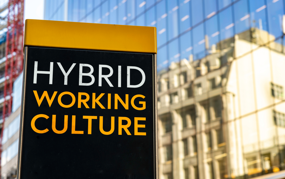 Hybrid working culture sign outside office building