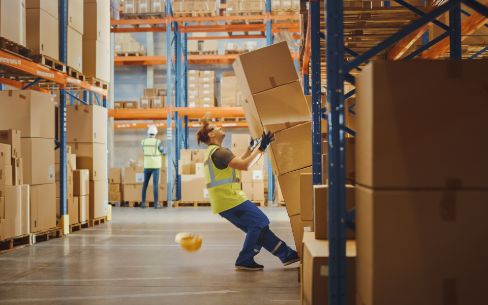 Man in warehouse mishandling boxes