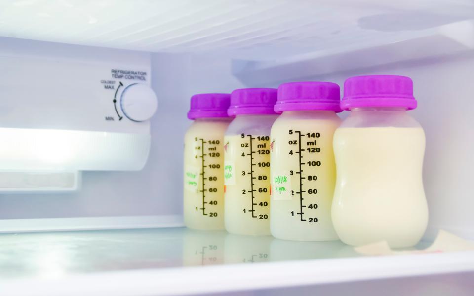 Bottles of breastmilk in a refrigerator.