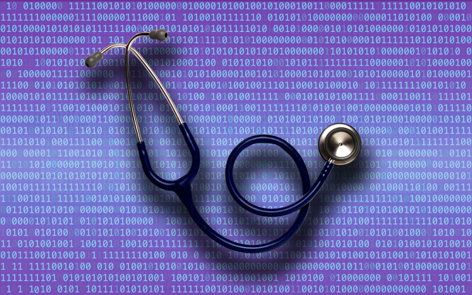 A stethoscope overlayed on a monitor screen of binary data.
