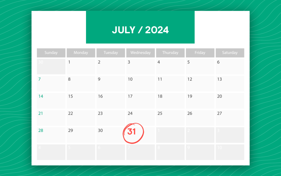 Calendar highlighting July 31st, 2024.