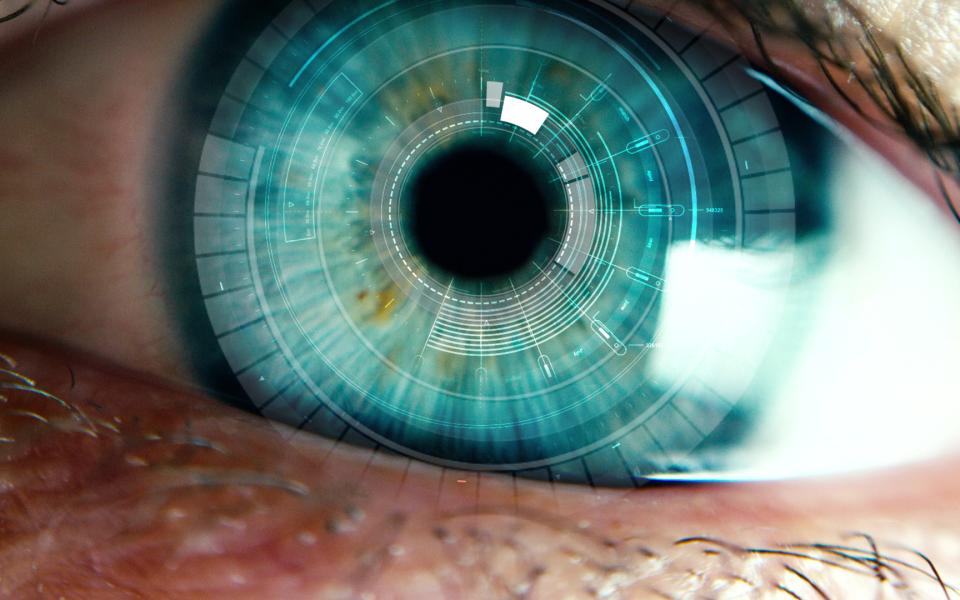 Close-up of an eyeball with digital iris scanning.