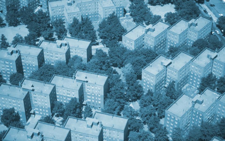 Aerial view of apartment housing in NYC borough.