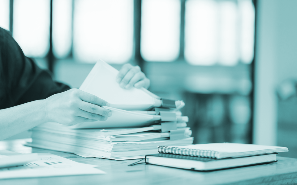 A woman's hands sifting through a file of paperwork.