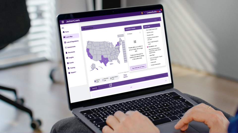 A laptop displaying the LeaveSuite law map.