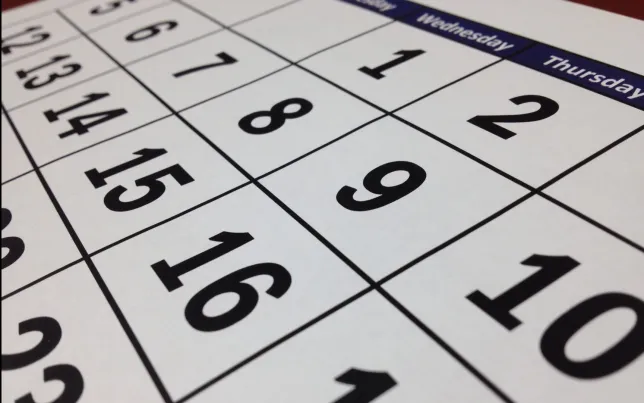angled view of a calendar page with just dates, no month