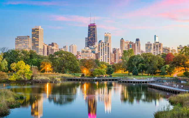 Chicago, Illinois, downtown skyline from Lincoln Park at twilight.