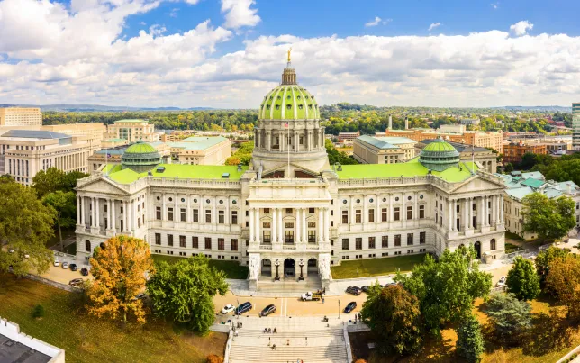 Aerial view of Pennsylvania State Capitol, in Harrisburg on a sunny day.