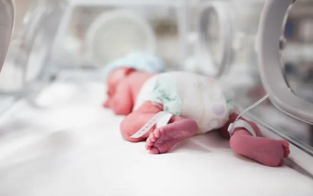 Soft-focus image of a newborn baby laying inside an incubator.