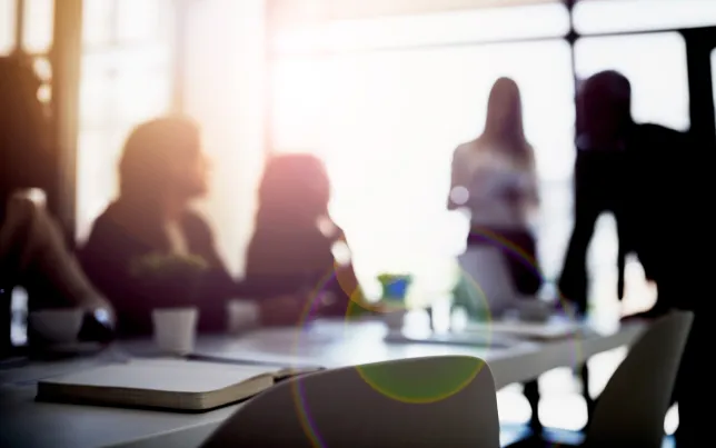 Soft-focus shot of business colleagues talking together during a meeting in a boardroom.