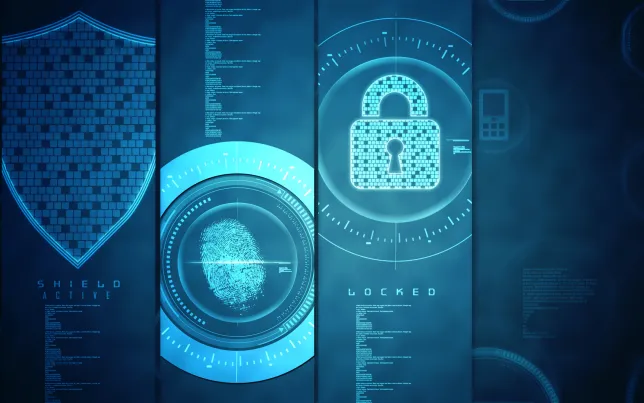 Abstract montage of cybersecurity icons.