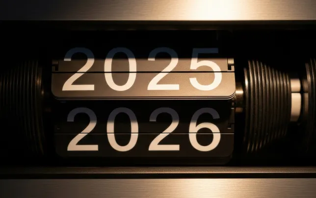 Mechanical flip clock in the process of turning from the year 2025 to 2026.