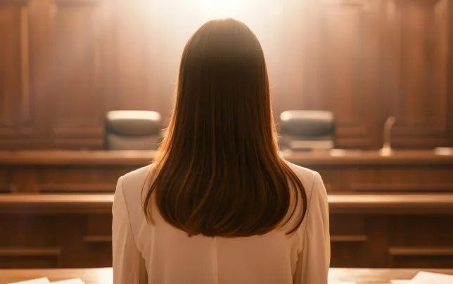 Back view of a woman sitting in a courtroom, facing a judge's bench under warm lighting.