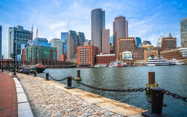 Scenic view of Boston Harbor and the Boston cityscape.