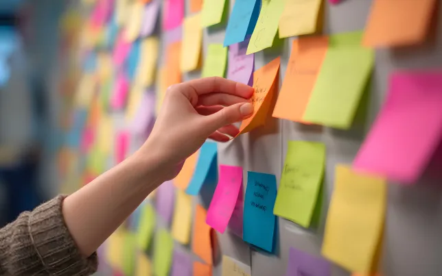 A focused individual meticulously arranges a vibrant array of sticky notes on a collaborative brainstorming wall.