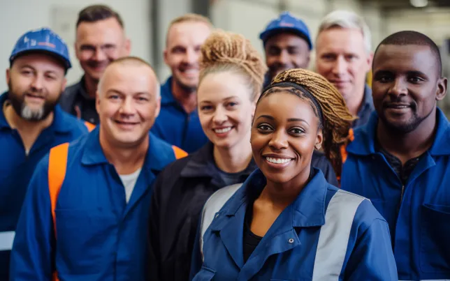 Diverse group of industrial workers smiling and standing together in a factory.
