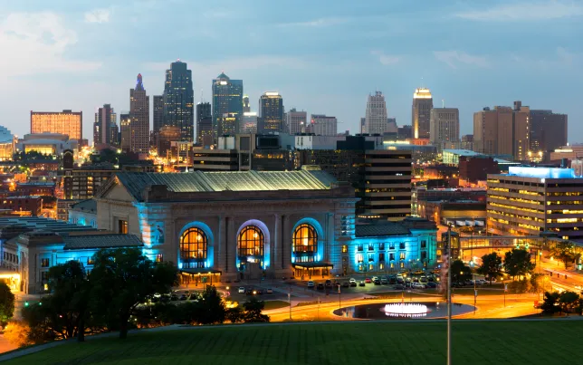 A shot of Kansas City's Union Station at dusk.