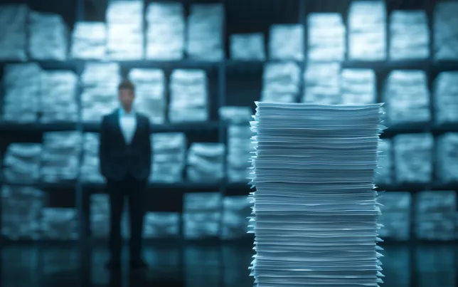 Man standing near stack of paperwork