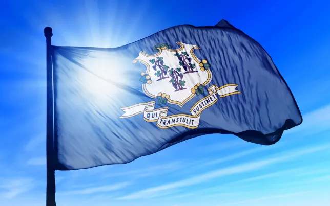 Connecticut state flag flowing in the wind.