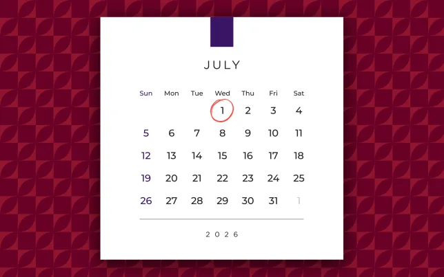Calendar page highlighting July 1st, 2026.