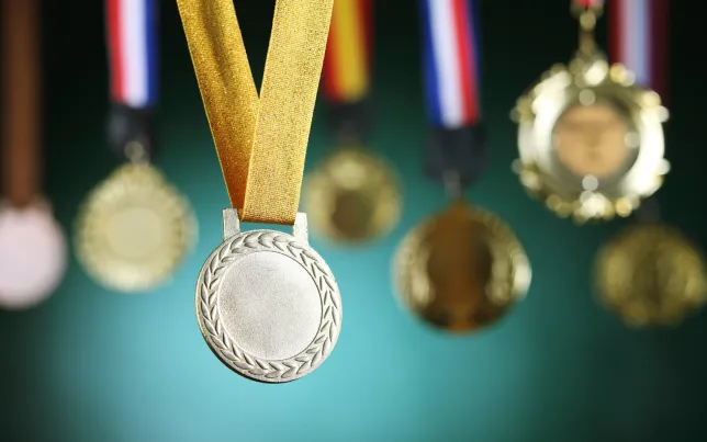 A collection of award medals hanging from ribbons.