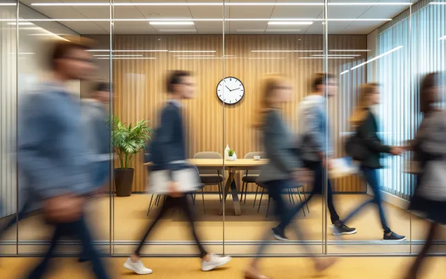 Group of business people in motion blur walking by office meeting room with wall clock on the back wall.