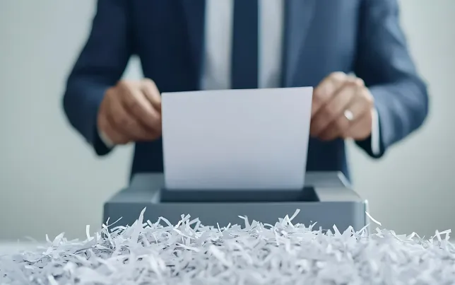 Close-up of a business man's hands as he puts a sheet of paper into a paper shredder.